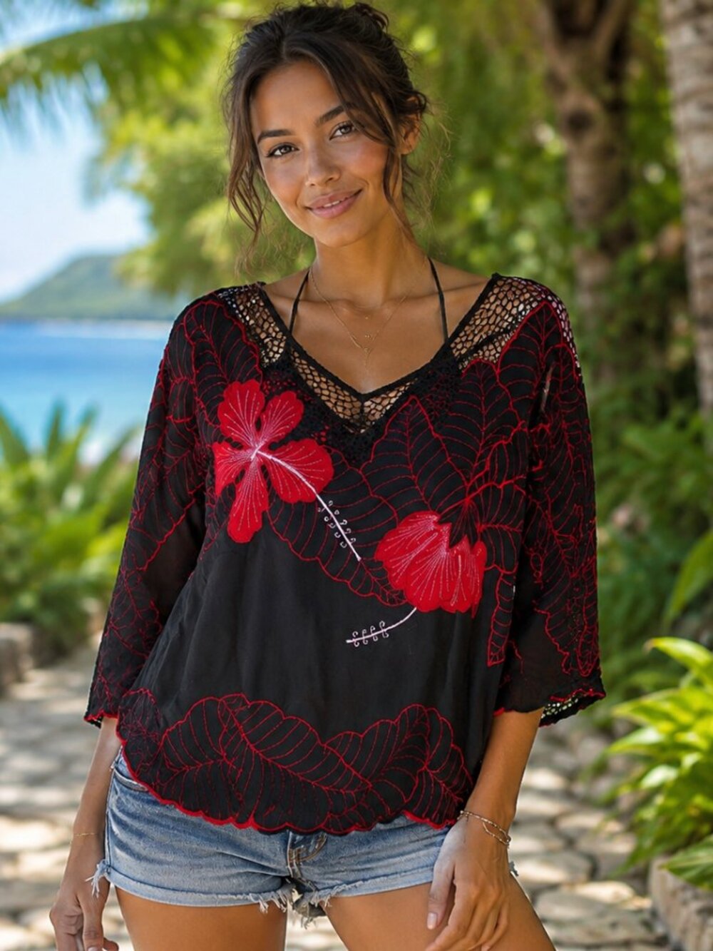 SHOPPING INTERNATIONAL NWOT Elbow Sleeves V-Neck Black w/ Red Flowers Blouse S